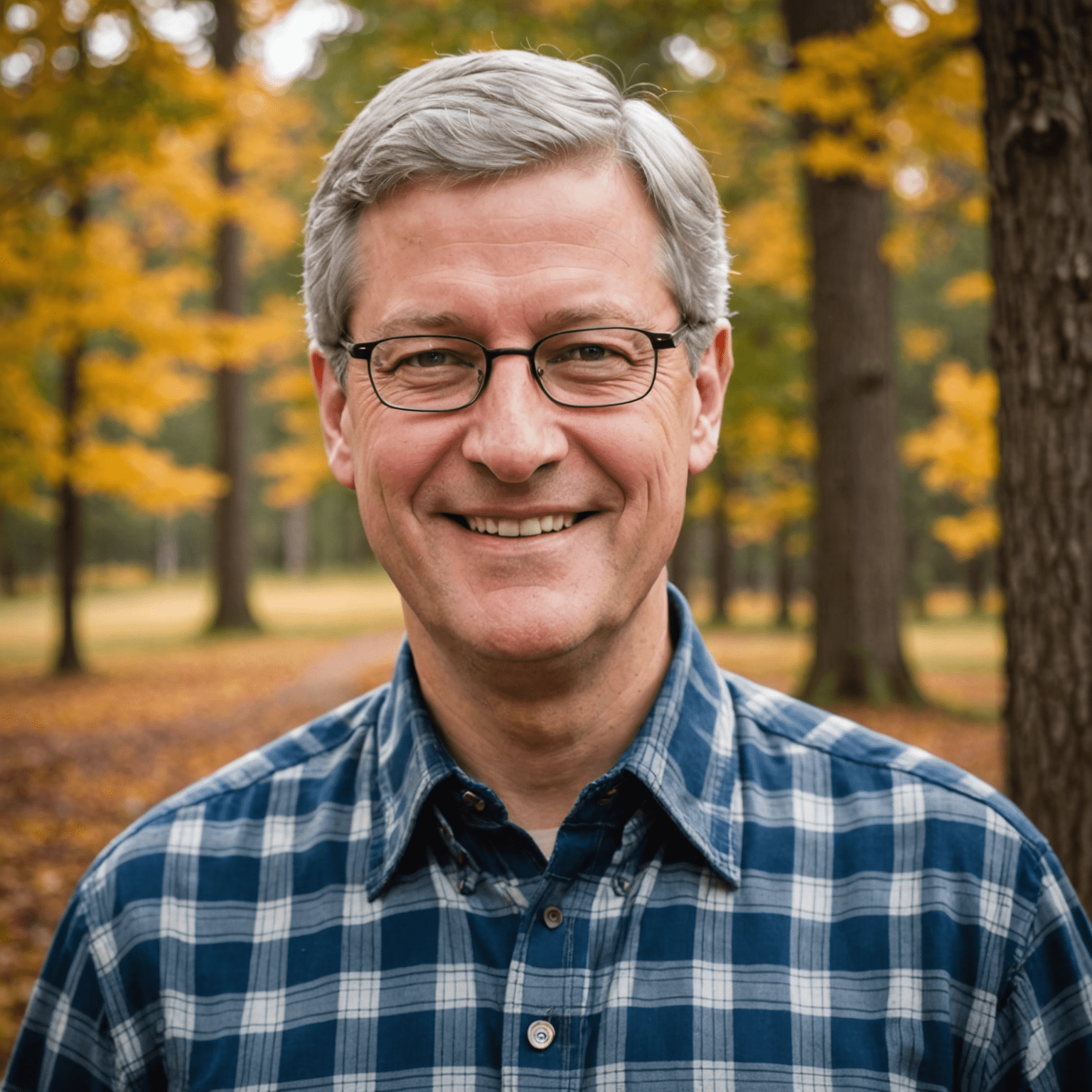 Stephen Harper, a middle-aged Canadian man with graying hair and glasses, smiling warmly at the camera. He is wearing a casual plaid shirt, embodying a friendly and approachable demeanor typical of a hobby enthusiast.