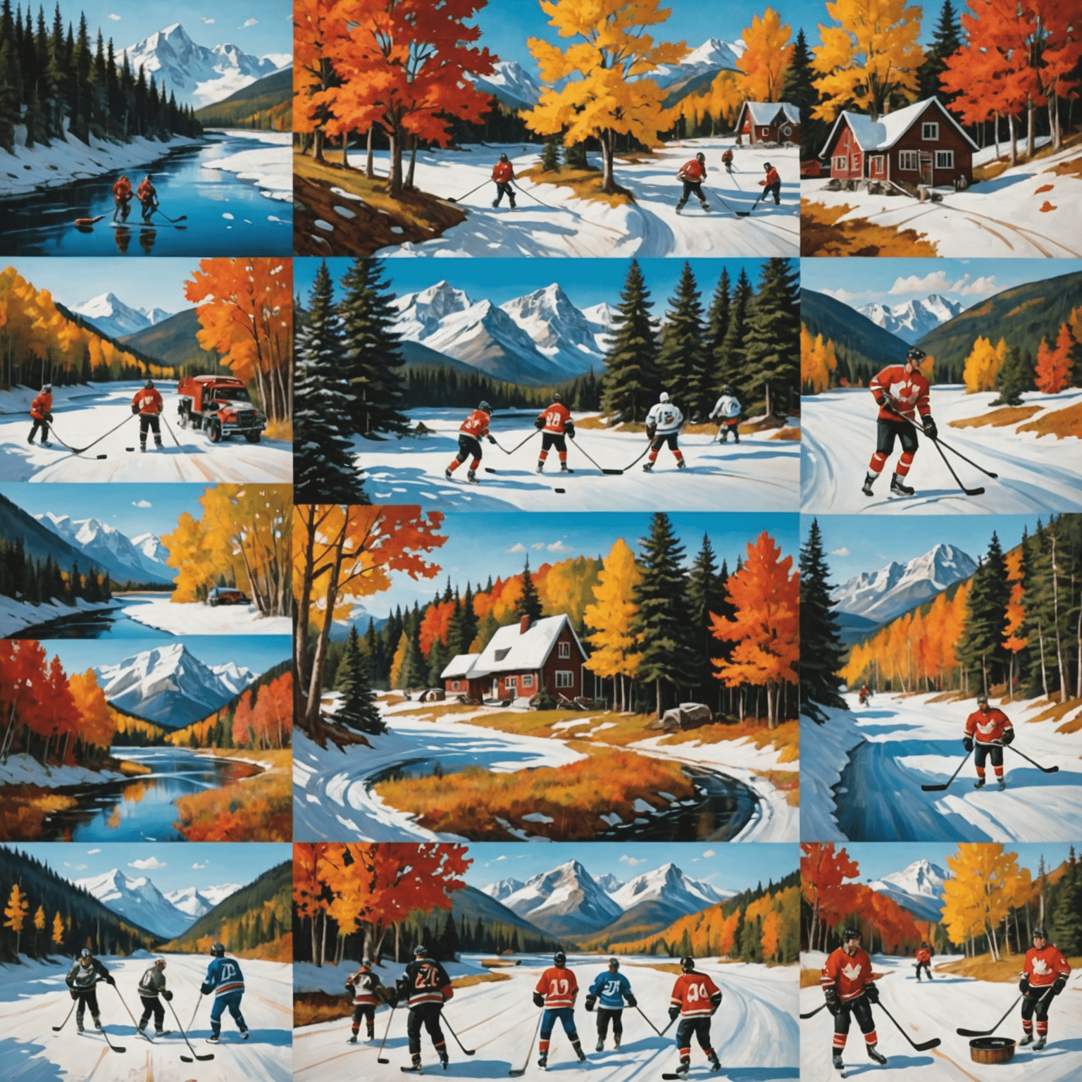 A collage of various Canadian hobbies including ice hockey, maple syrup tapping, and landscape painting, showcasing the diversity of activities covered in the blog