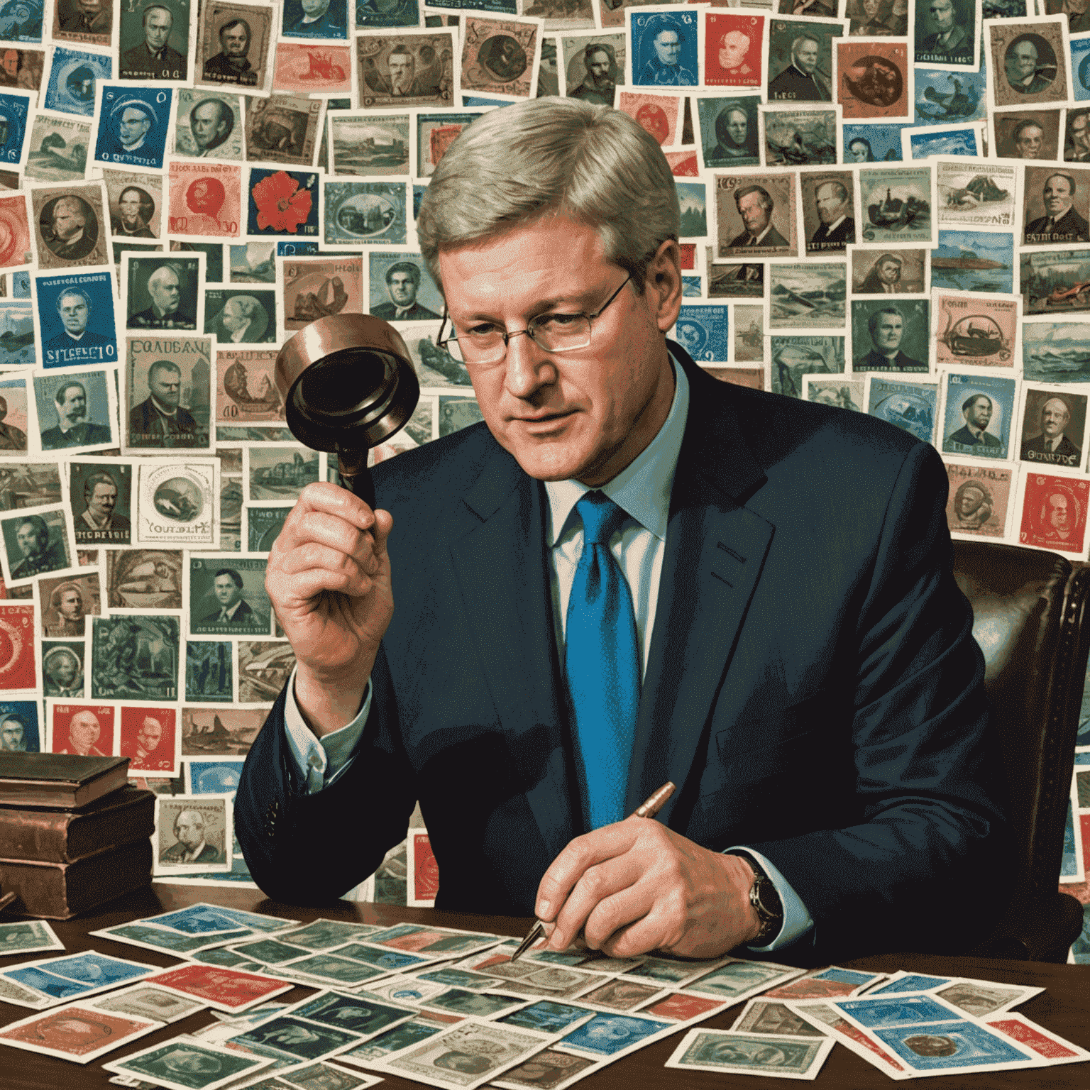 Stephen Harper examining a rare Canadian stamp with a magnifying glass, surrounded by stamp albums and philatelic tools