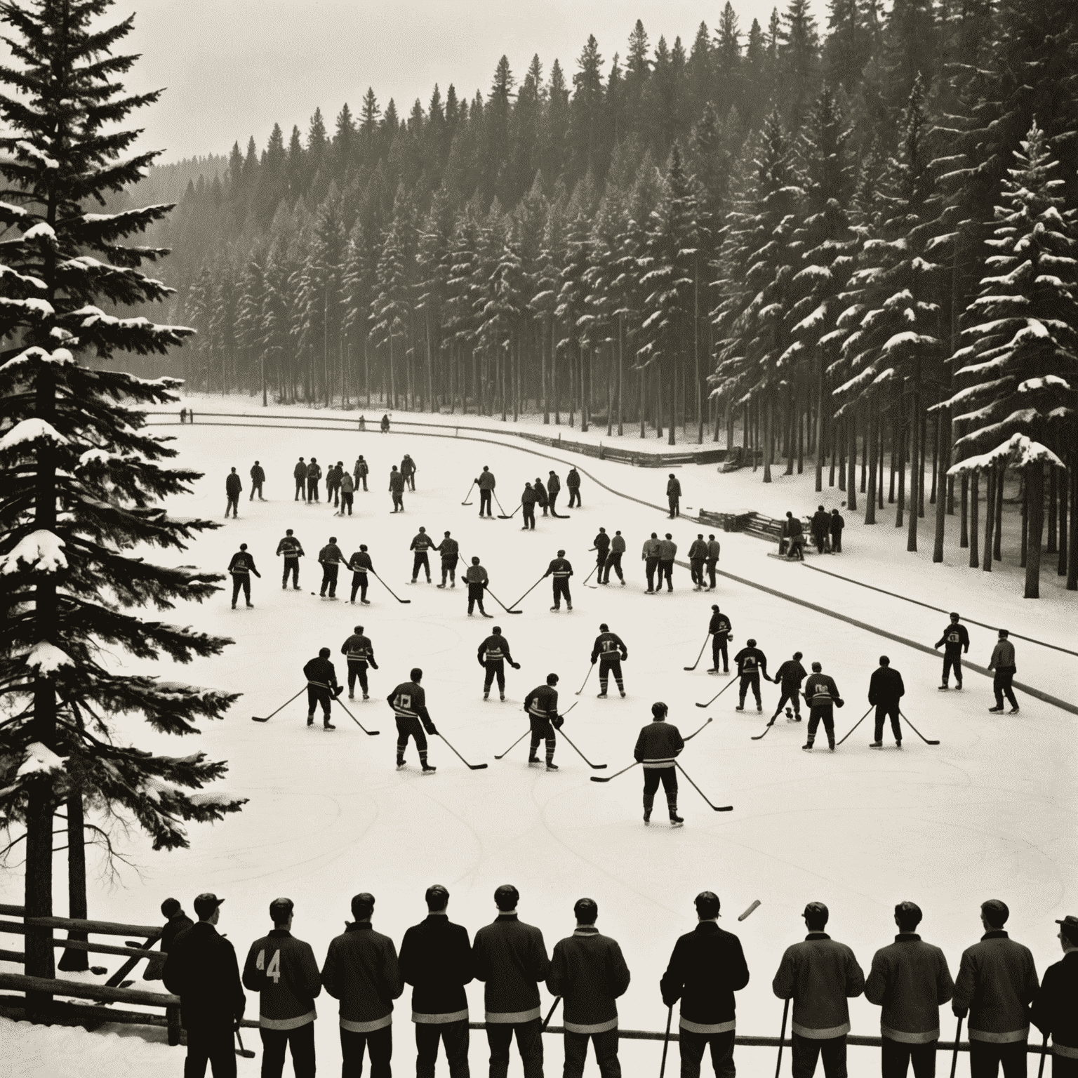 A vintage photograph of a Canadian outdoor hockey rink surrounded by snow-covered pine trees, with players wearing old-style uniforms and using wooden sticks