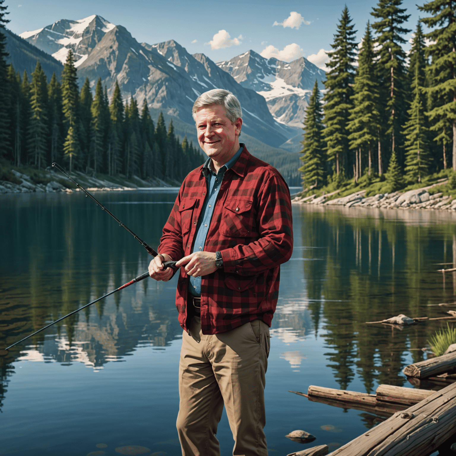 Stephen Harper fishing in a serene Canadian lake, surrounded by pine trees and mountains. He's wearing a red plaid shirt and holding a fishing rod.