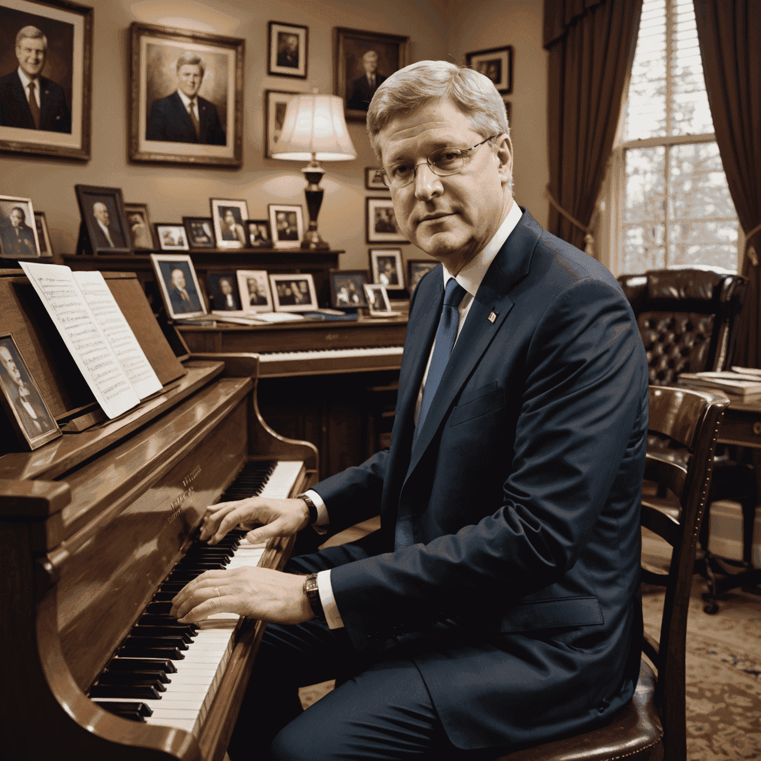 Stephen Harper playing piano in his office, with political memorabilia visible in the background