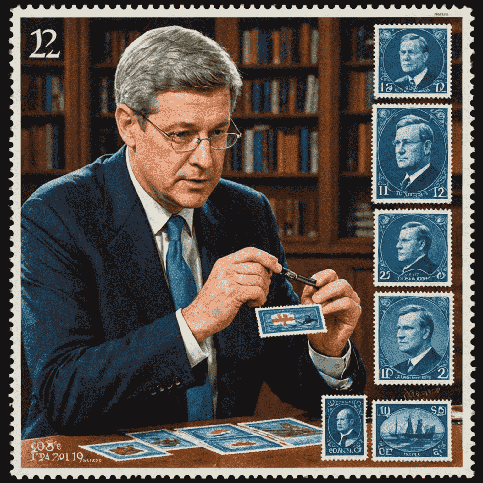 A diverse collection of rare Canadian stamps, including the famous 'Bluenose' stamp and the 'Canada 12-Penny Black', arranged neatly in a high-quality stamp album. Stephen Harper is shown examining the stamps with a magnifying glass, his face expressing deep concentration and enthusiasm.