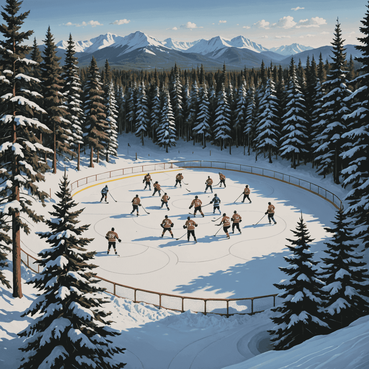 A classic Canadian outdoor hockey rink surrounded by snow-covered pine trees, with players engaged in an intense game, showcasing the spirit of Canada's national pastime.