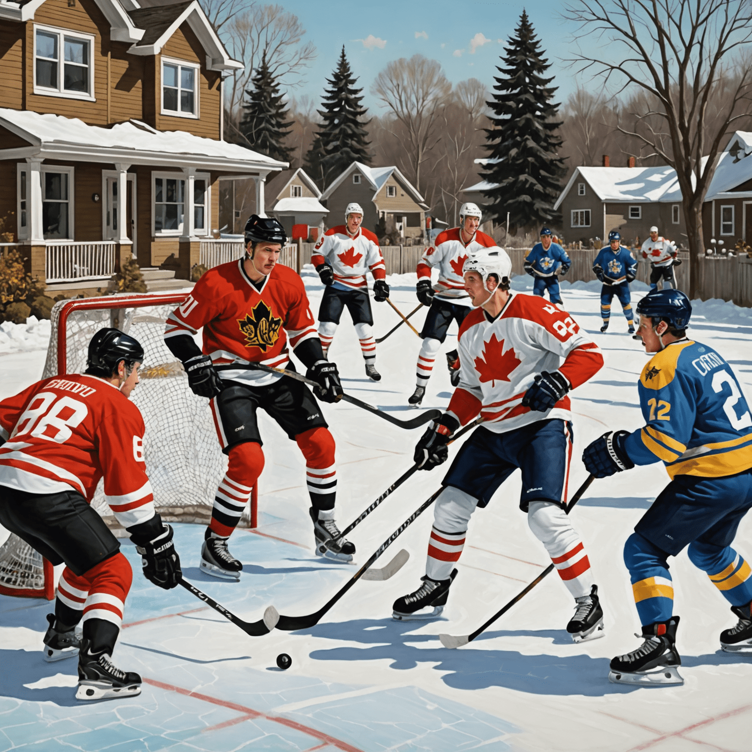 A collage of iconic Canadian hockey moments, including Paul Henderson's 1972 Summit Series goal, Sidney Crosby's golden goal in the 2010 Olympics, and children playing street hockey in a suburban neighborhood