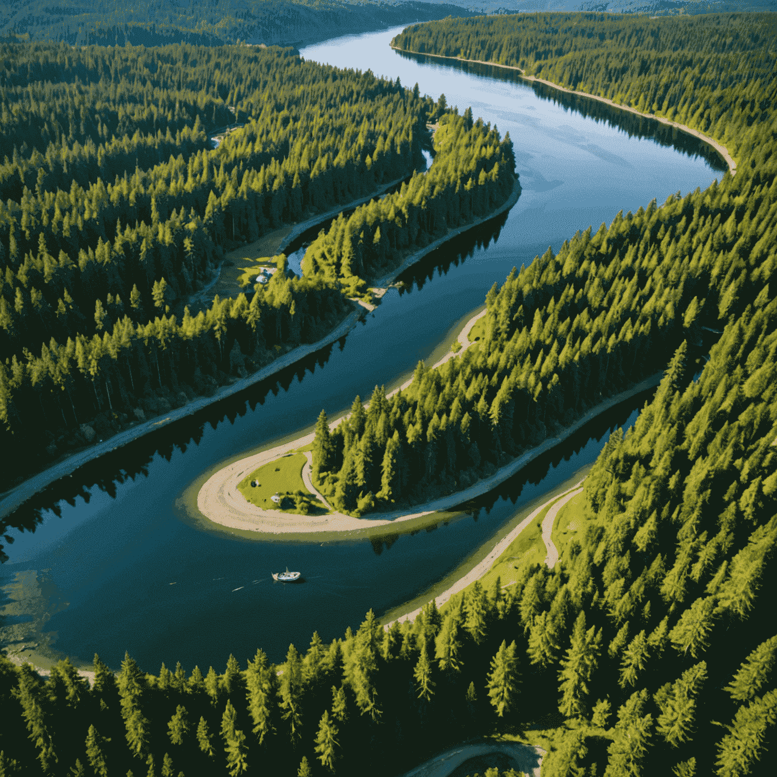 Aerial view of Campbell River with its winding waters and lush green forests. A small fishing boat can be seen navigating the river.