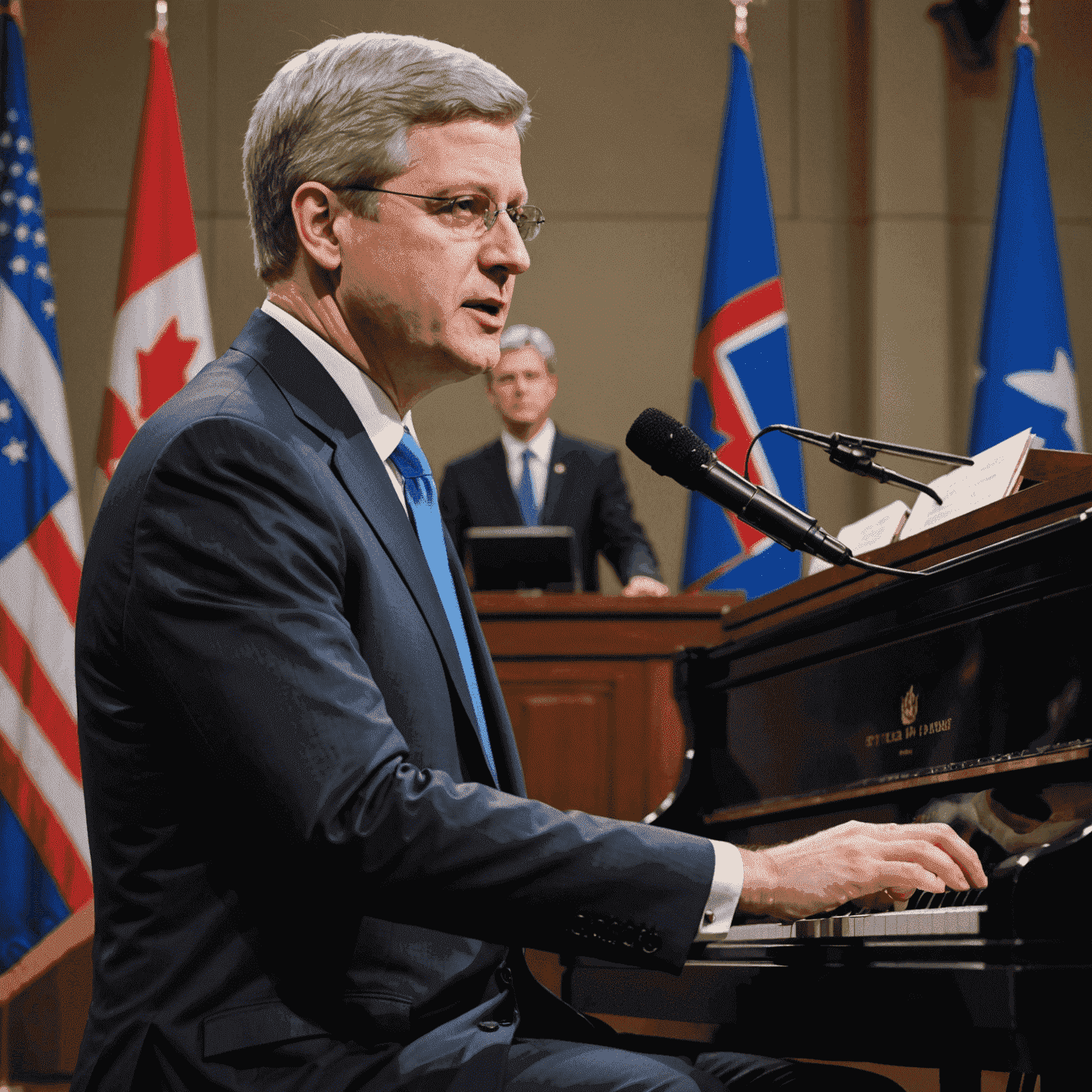 Split image: Stephen Harper at a political podium on one side, playing piano on the other, symbolizing his dual passions