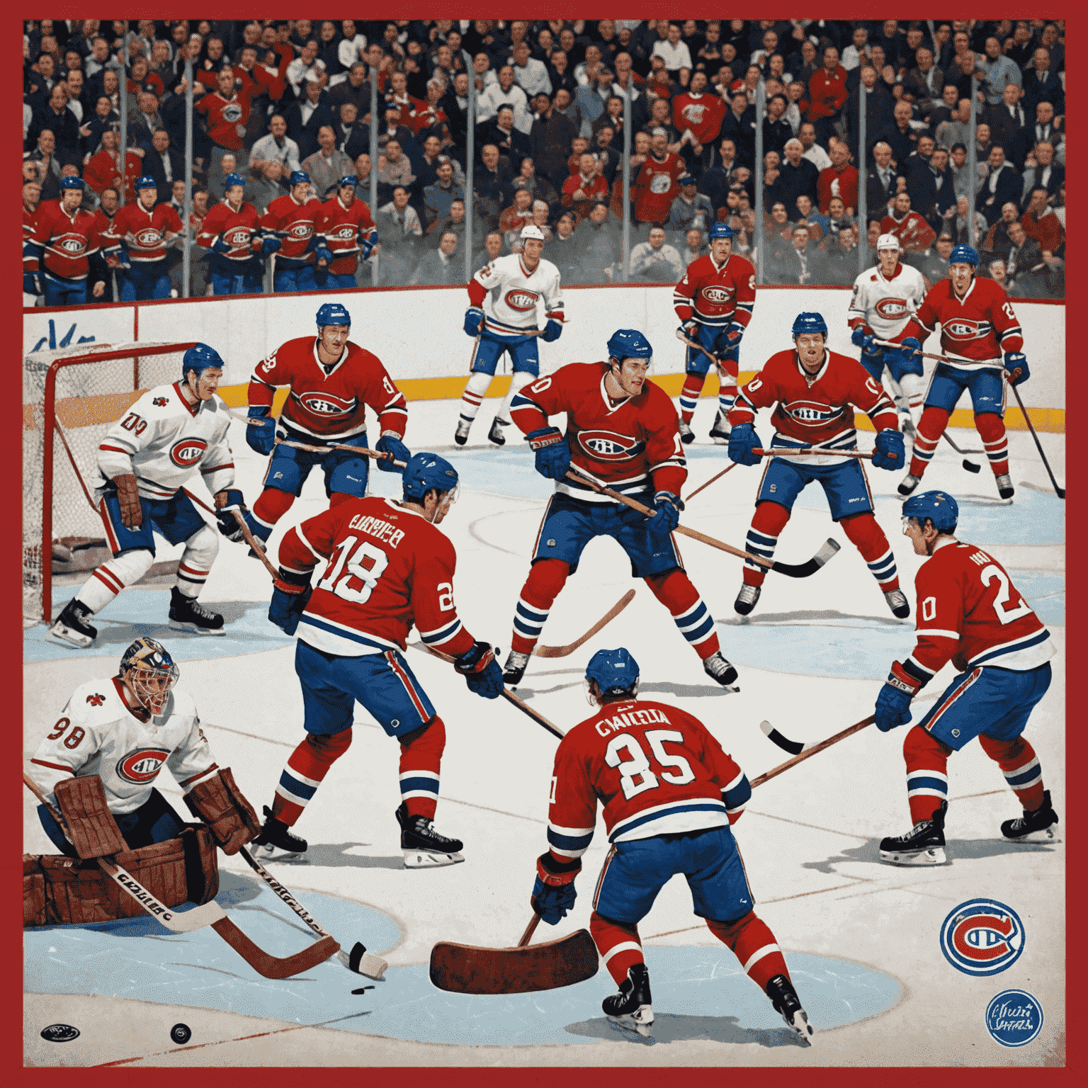 A collage of iconic Canadian hockey moments, featuring historic games, legendary players, and passionate fans. The image includes a vintage photo of the Montreal Canadiens, a modern NHL game in progress, and children playing pond hockey. Stephen Harper is shown in the corner, wearing a Team Canada jersey and holding a hockey stick.