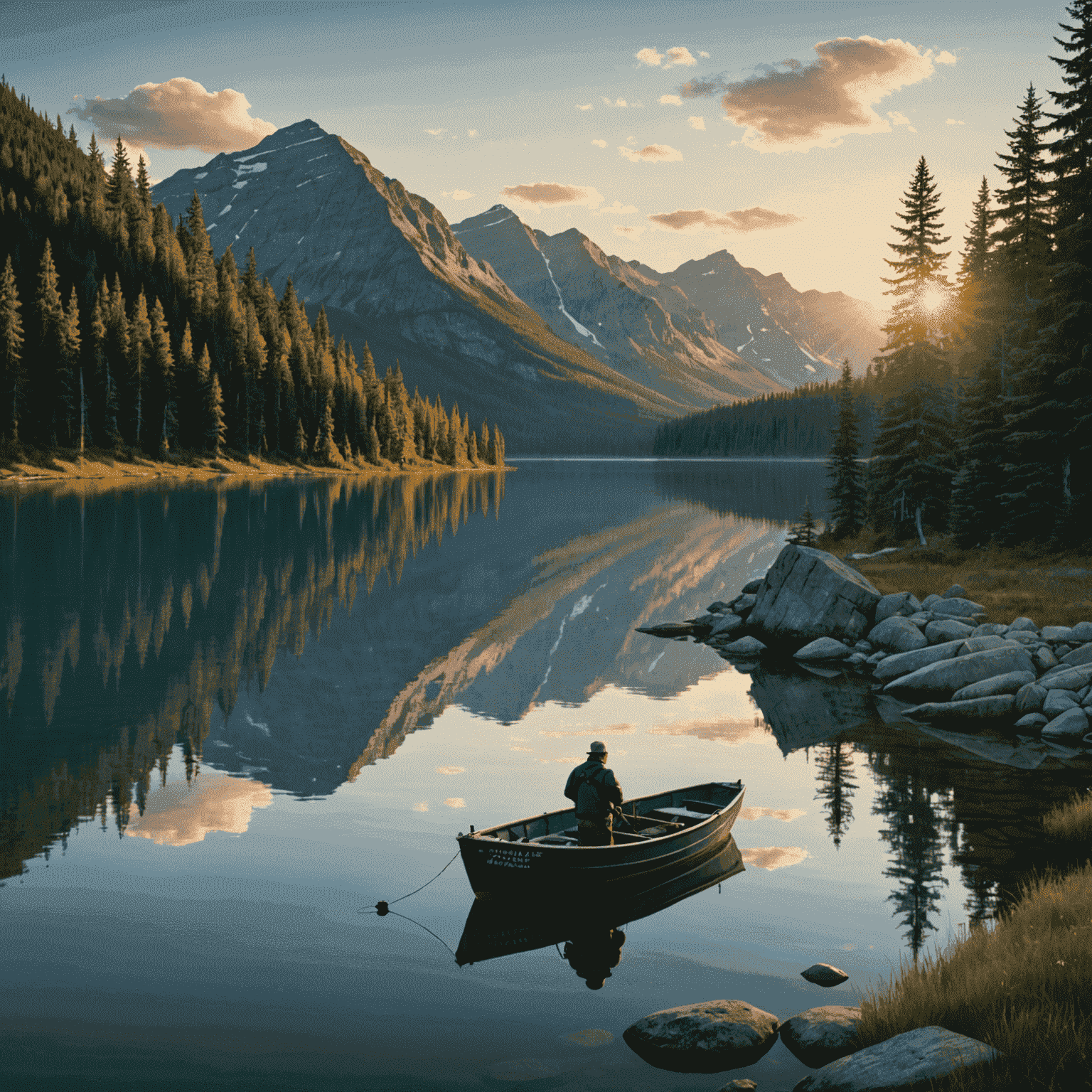 A serene Canadian lake at sunset, with a small fishing boat in the foreground. A fisherman, resembling Stephen Harper, is casting a line into the crystal-clear waters, surrounded by the beautiful Canadian wilderness.