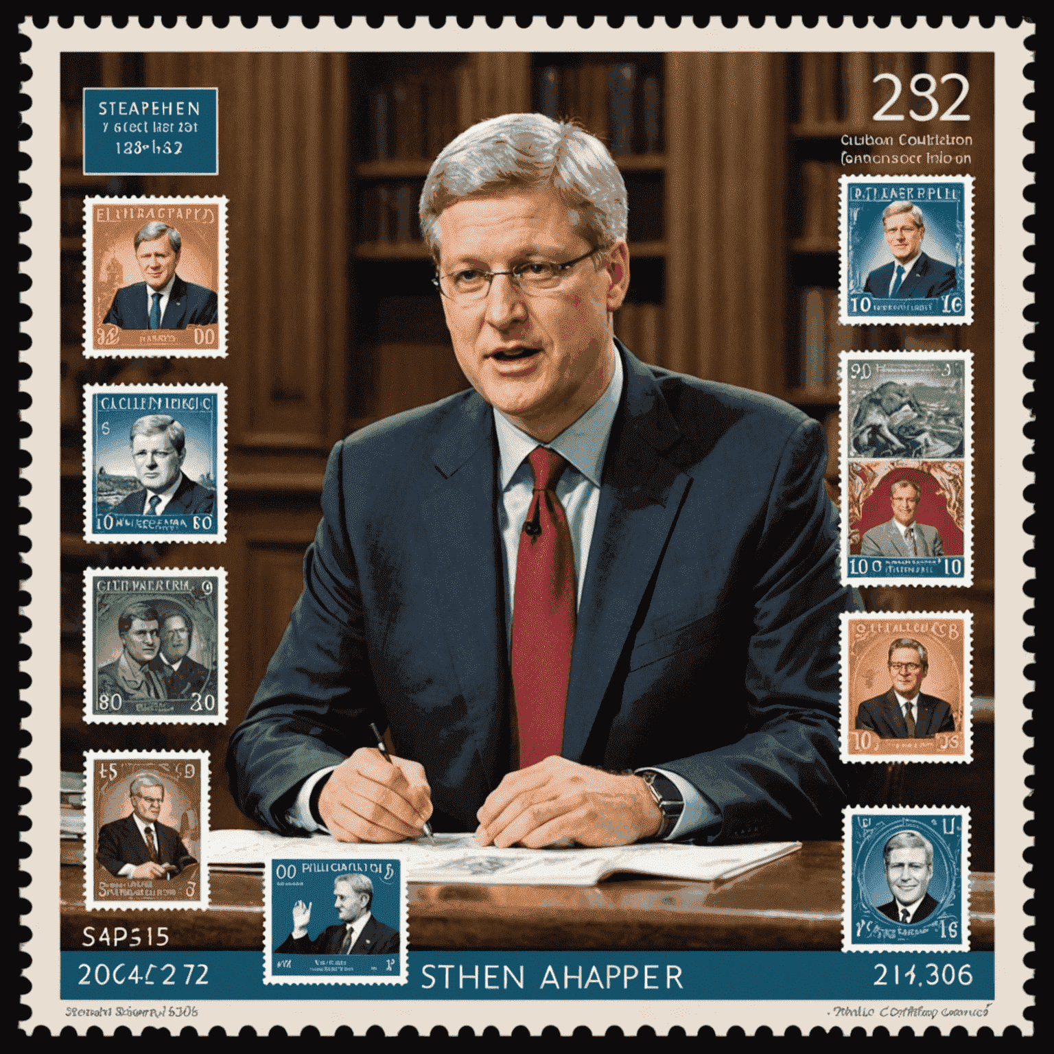 Stephen Harper speaking at a philatelic convention, engaging with young stamp collectors and enthusiasts