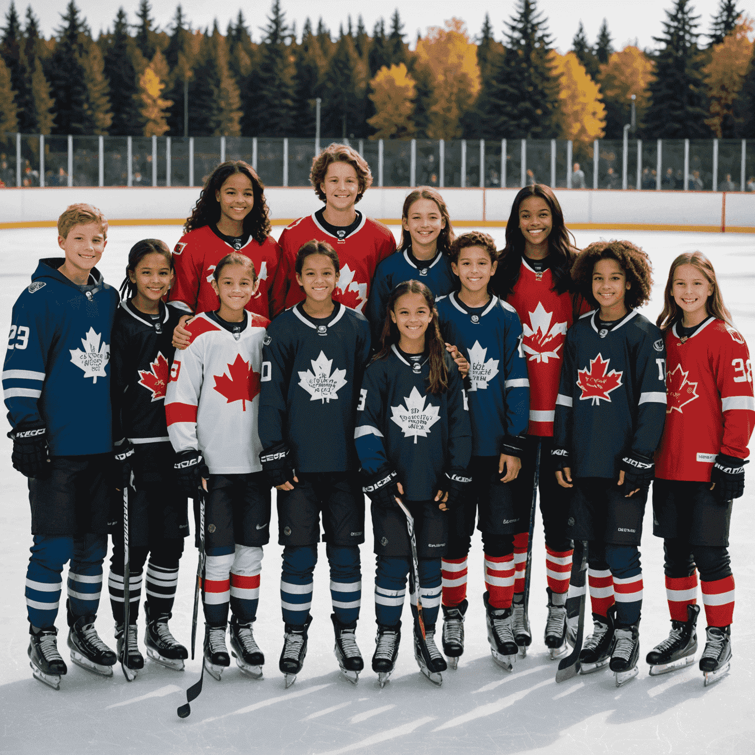 A diverse group of young Canadian hockey players, boys and girls of various ethnicities, standing together on an ice rink, symbolizing unity and inclusivity in Canadian hockey