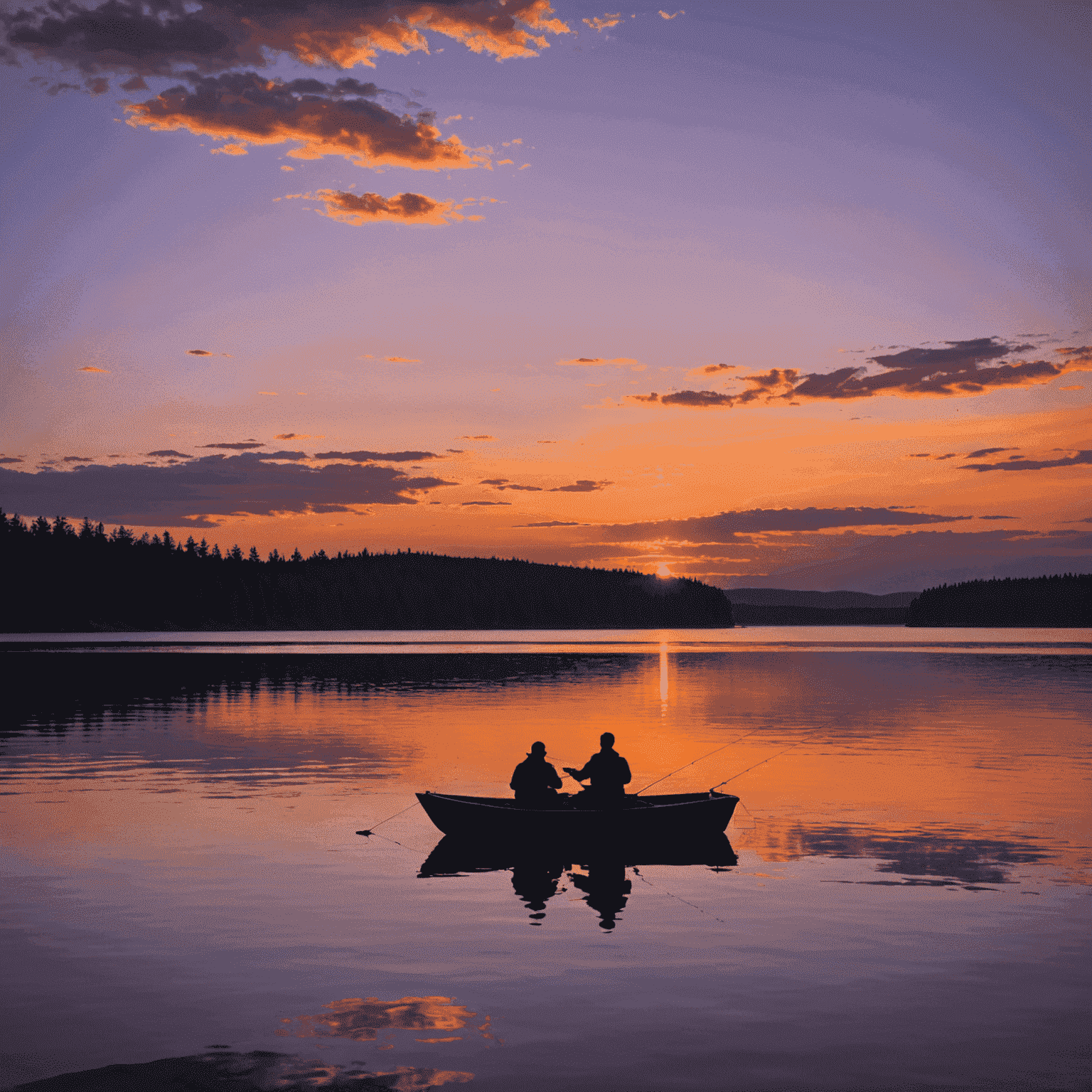 A beautiful sunset over a Canadian lake, with a silhouette of a person fishing from a small boat. The sky is painted in hues of orange and purple, reflecting on the calm water.