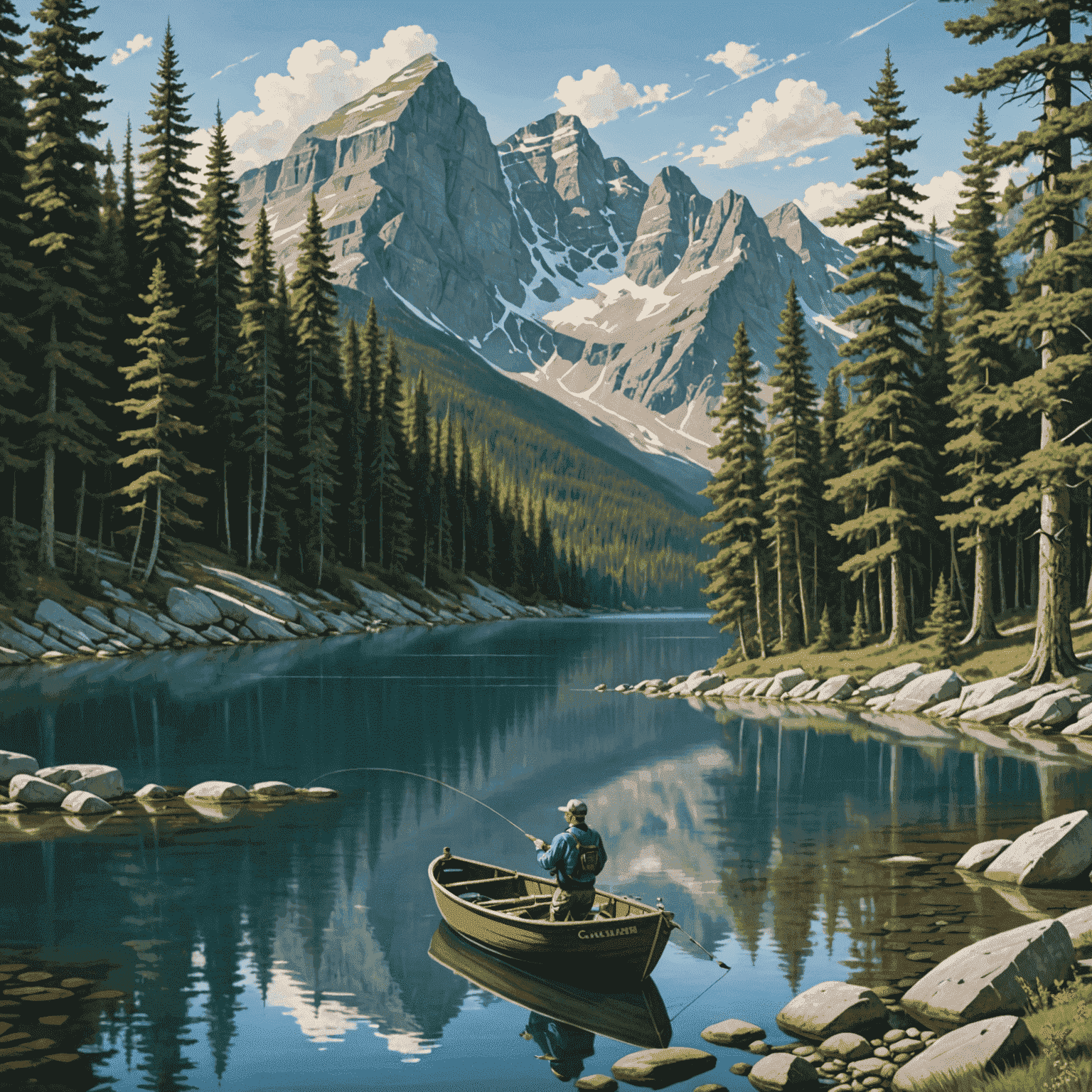 A serene Canadian landscape featuring a crystal-clear lake surrounded by pine trees and rocky shores. Stephen Harper is shown in a small fishing boat, casting a line into the water. The image also includes inset photos of various fishing techniques and popular Canadian fish species like salmon and trout.