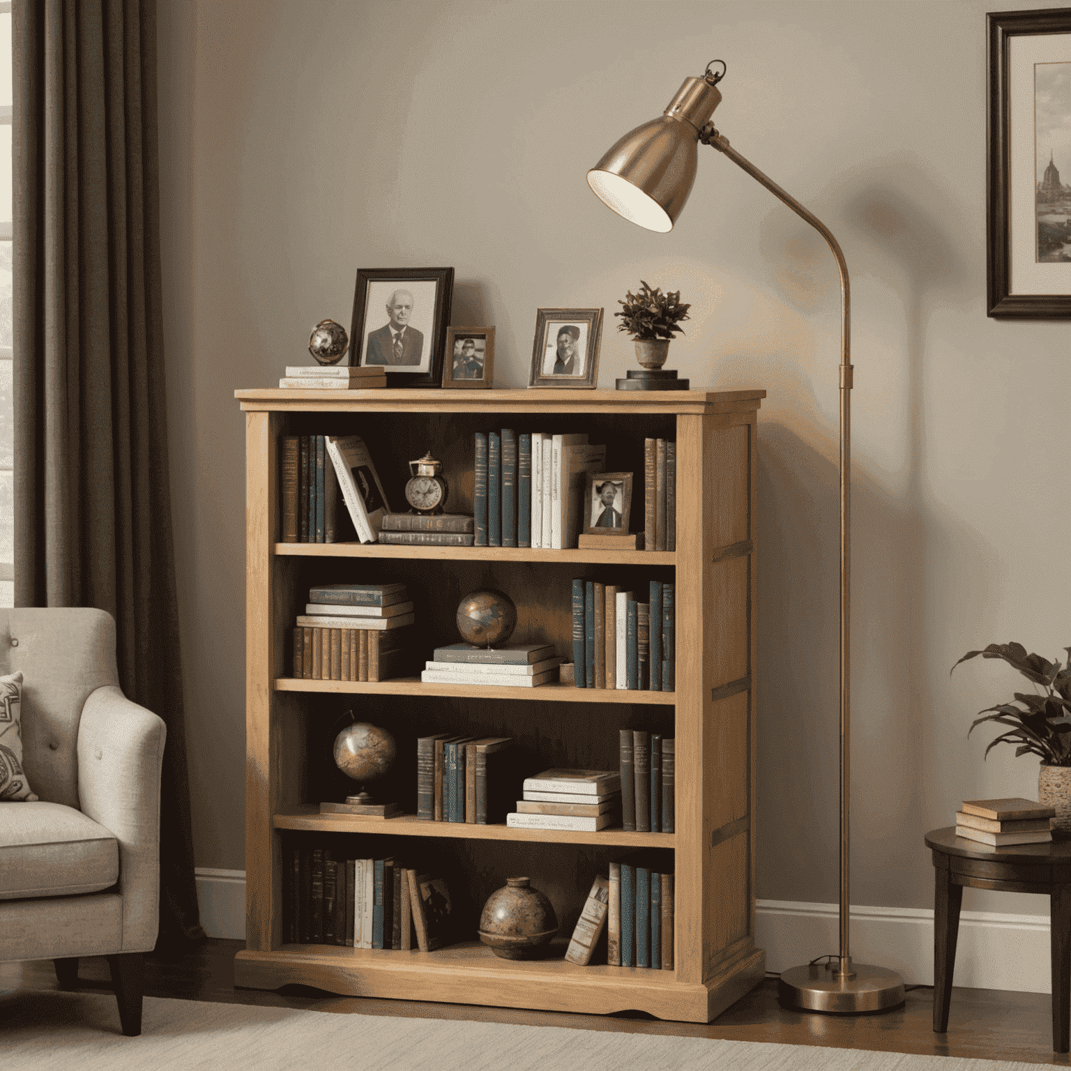 A well-organized bookshelf filled with various political biographies, including books on Canadian prime ministers and international leaders. A reading lamp casts a warm glow over the collection, creating an inviting atmosphere for intellectual exploration.