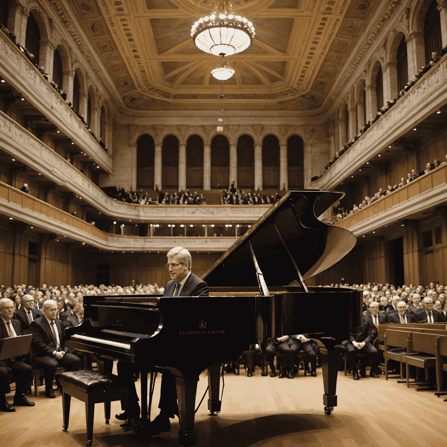 A split image: on one side, Stephen Harper playing a grand piano in a concert hall; on the other side, him addressing Parliament. The image symbolizes the balance between his musical passion and political career.